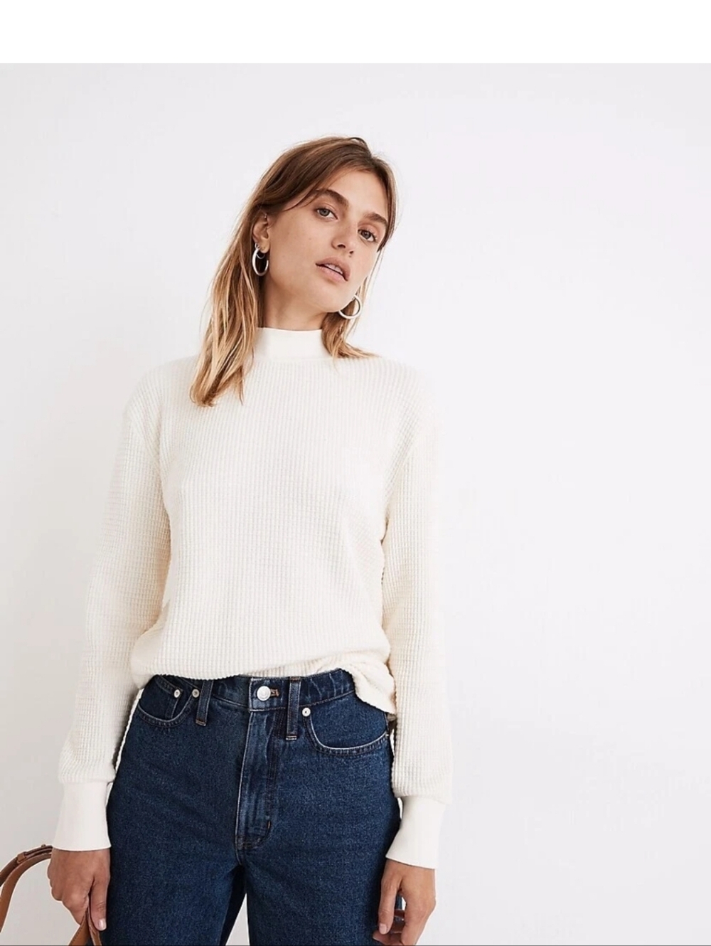 Madewell Cream Mock Neck Waffle Knit Long-Sleeve Top Medium